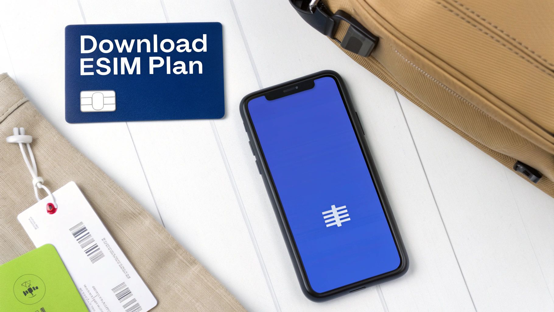 A traveller using their smartphone with an eSIM in front of a scenic travel background.