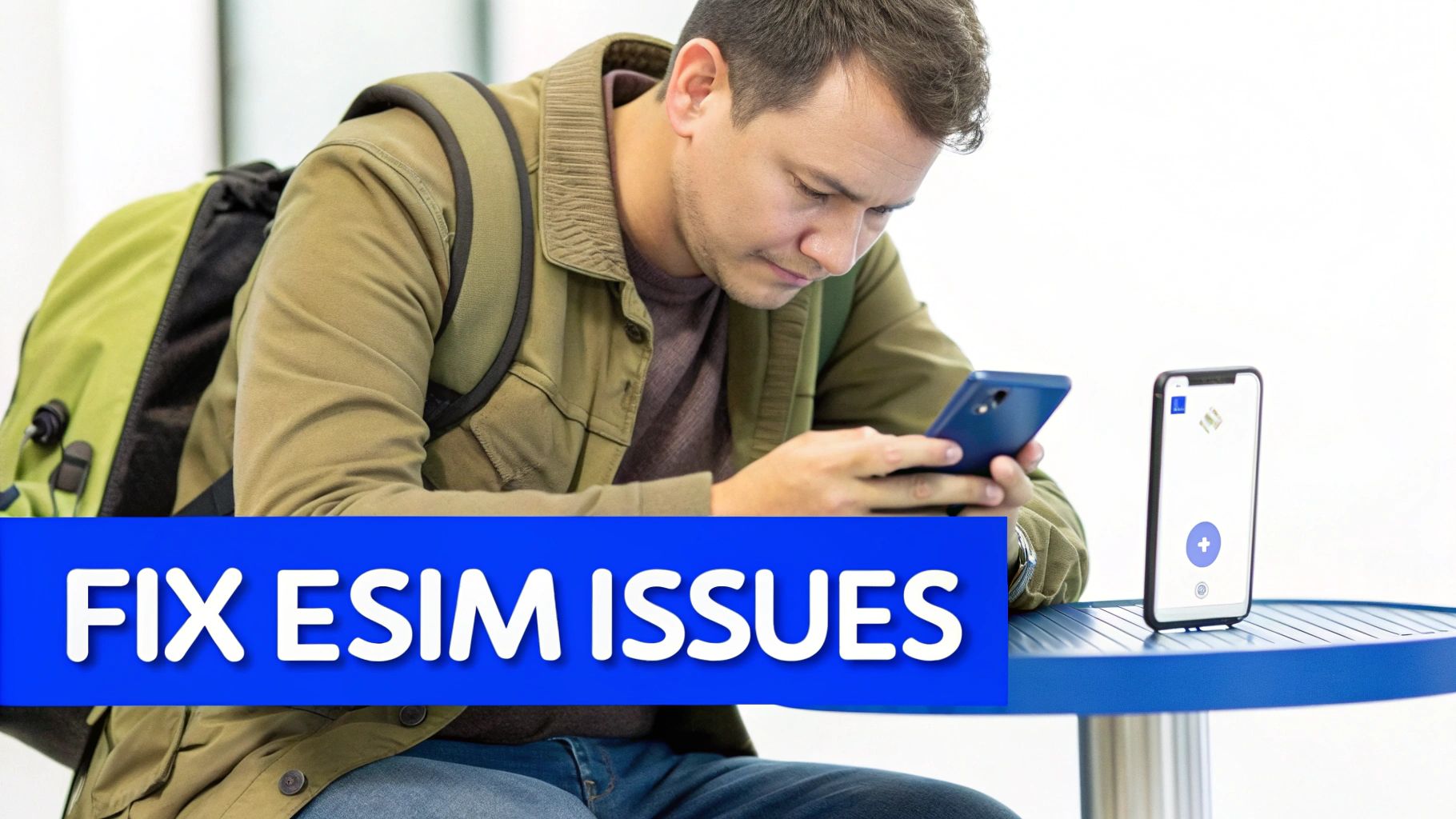 A person looking at their phone with a thoughtful expression while traveling, trying to troubleshoot an eSIM issue.