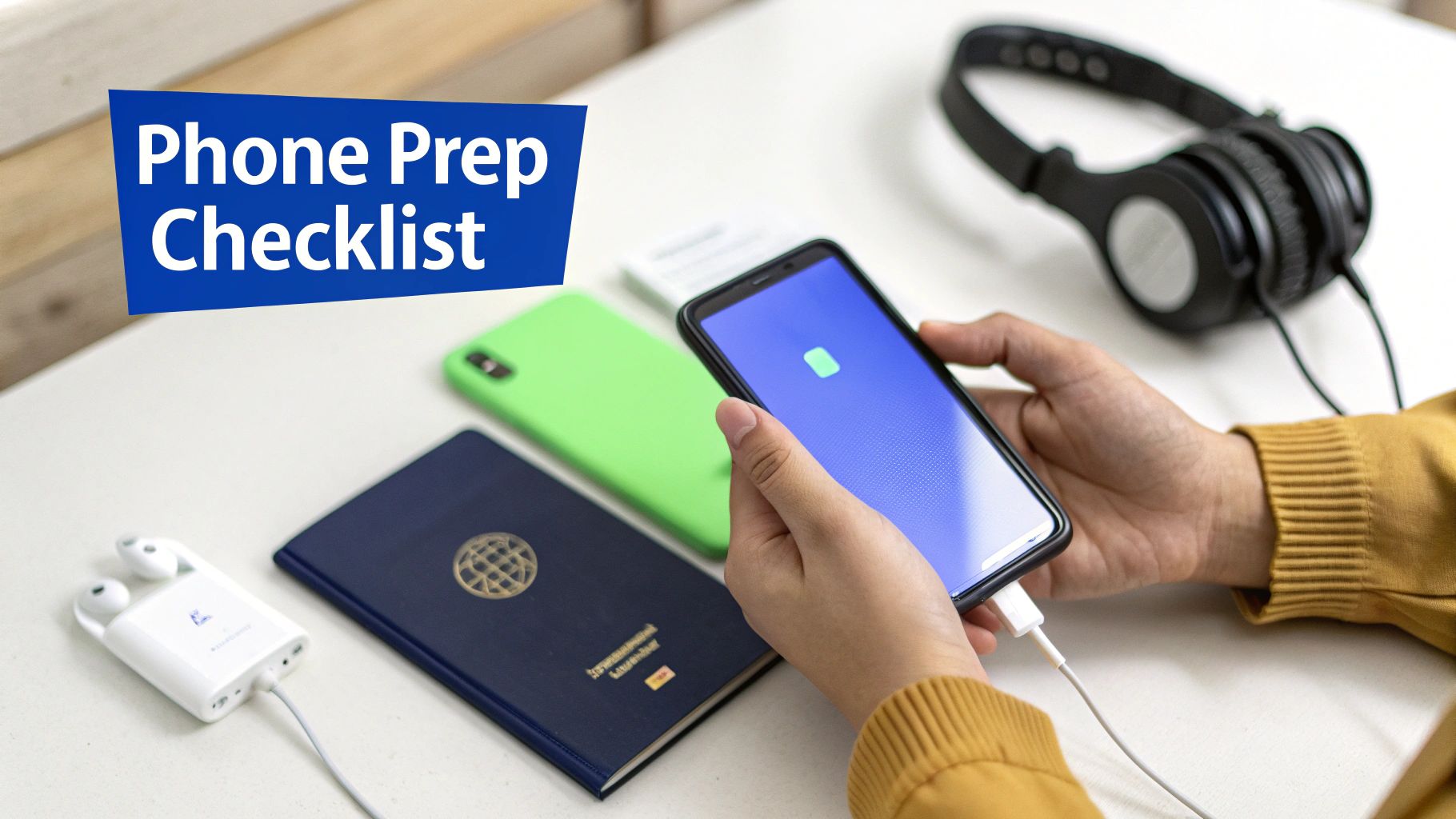 A person packing a suitcase with a smartphone and travel documents on a bed.
