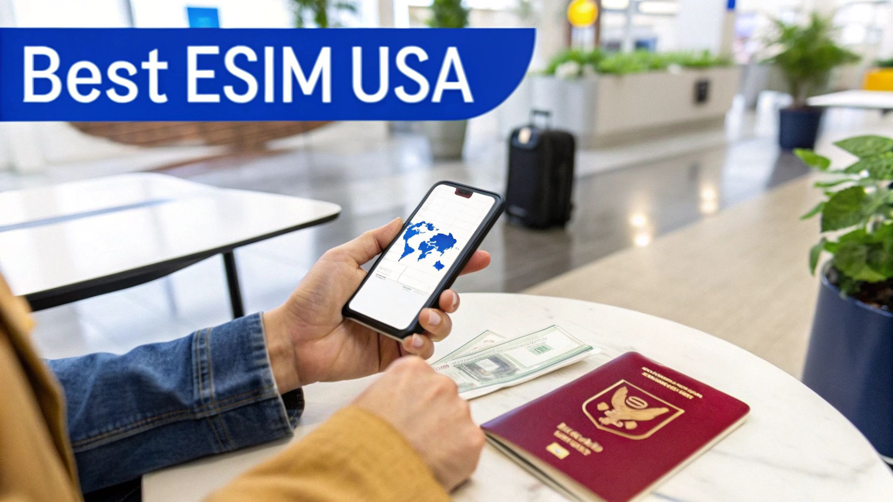 A person holding a smartphone displaying an eSIM activation screen, with a backdrop of iconic USA landmarks like the Statue of Liberty and the Golden Gate Bridge.