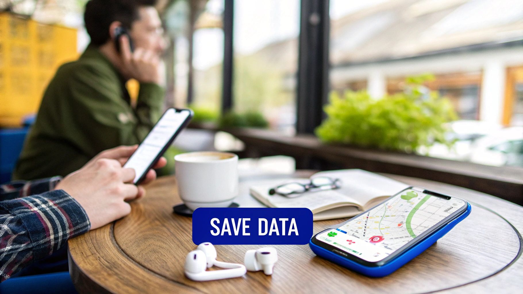 A traveler using their phone with a scenic background, focusing on data-saving actions.