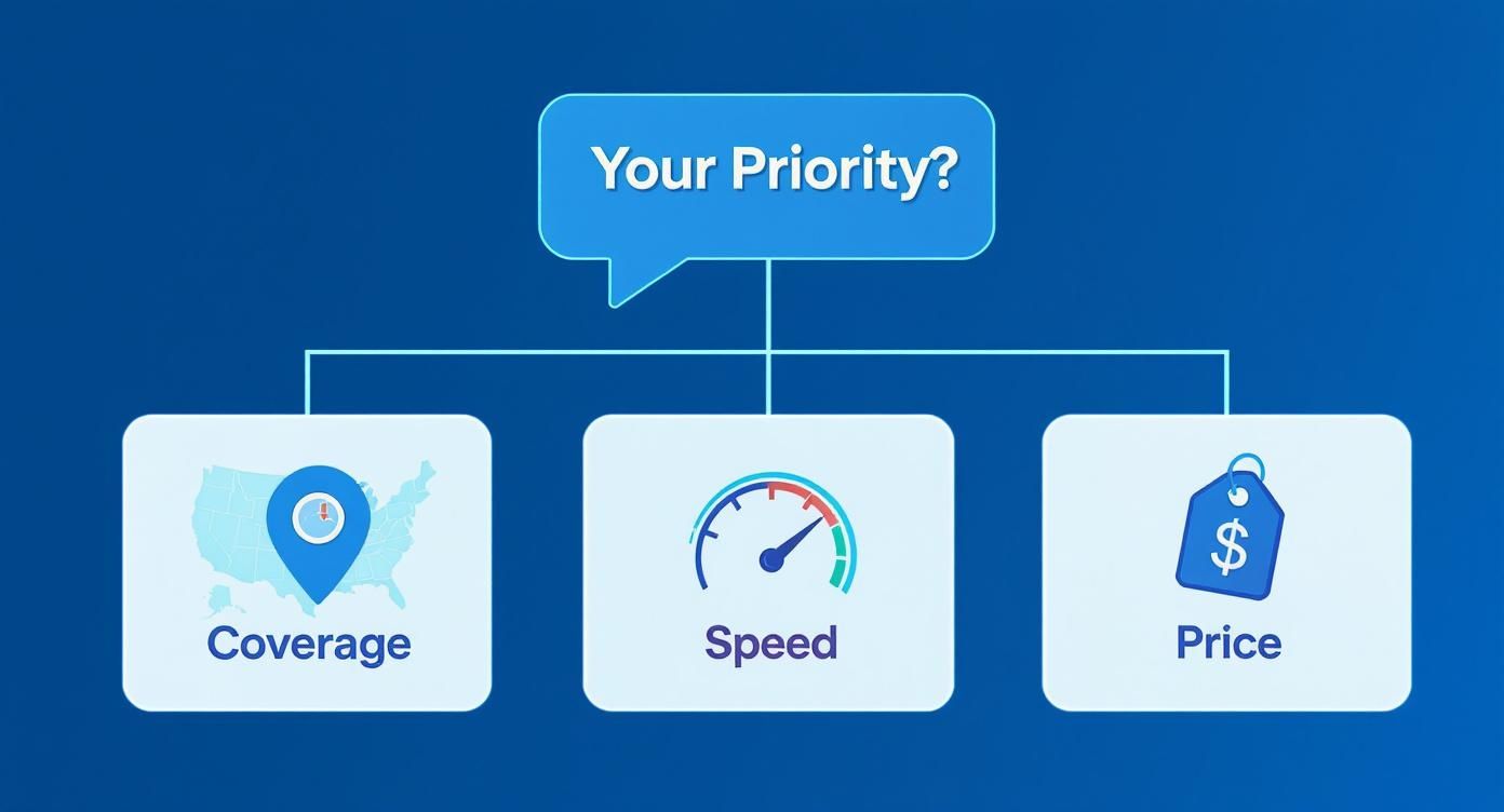 Infographic decision tree for choosing a USA eSIM based on priorities like coverage, speed, or price.
