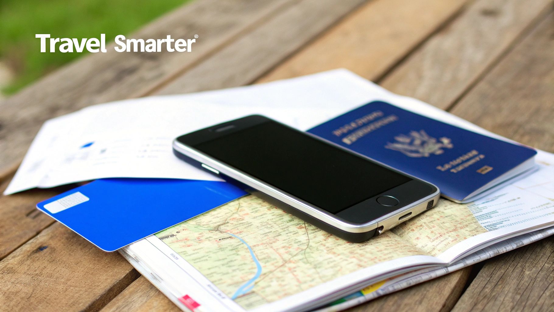 A smiling traveler looking at their phone in a European city, clearly connected and relaxed