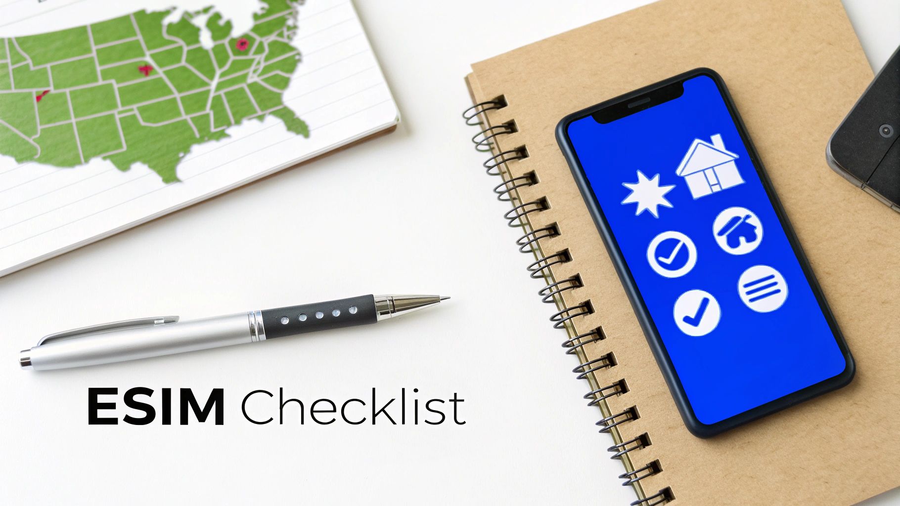 A person evaluating different eSIM options for USA travel on their smartphone, with a map of the USA in the background showing network coverage symbols.