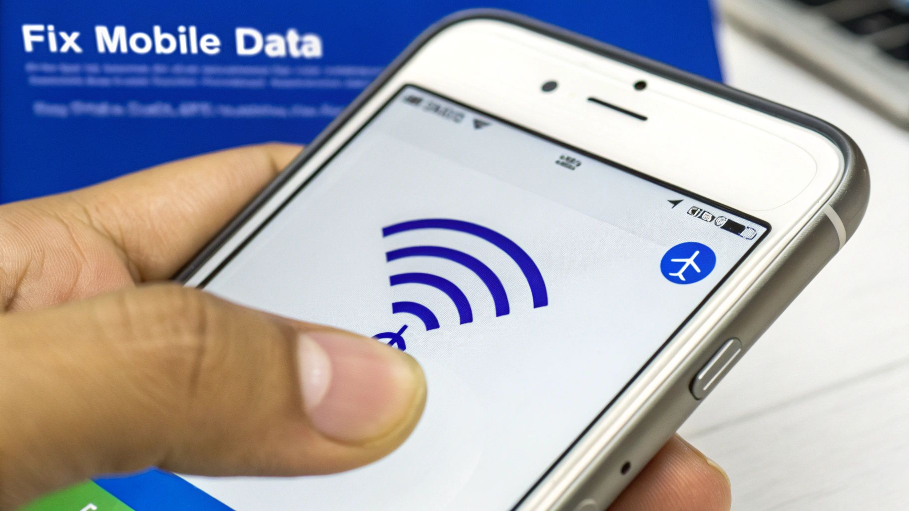 Person holding iPhone with airplane mode icon enabled to fix mobile data connection issues