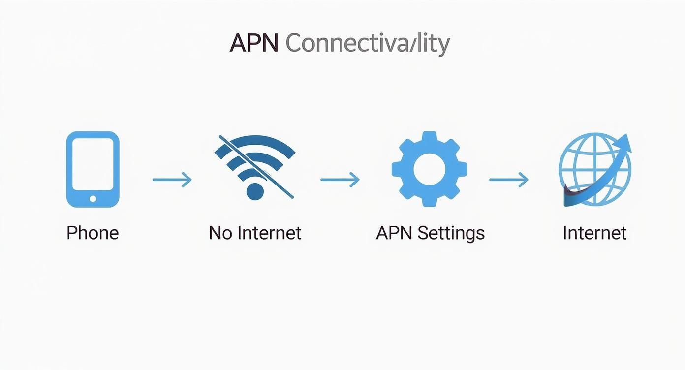 Diagram showing phone without internet connecting to APN settings to establish internet connectivity flow