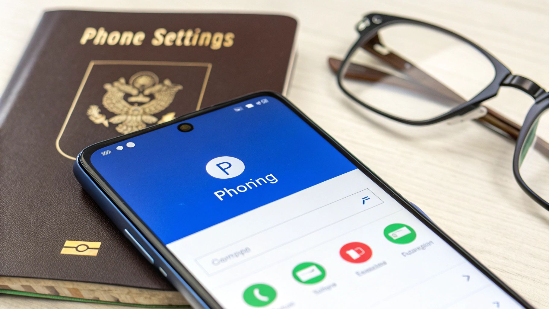 A person sitting at a cafe table using their smartphone to adjust travel settings.