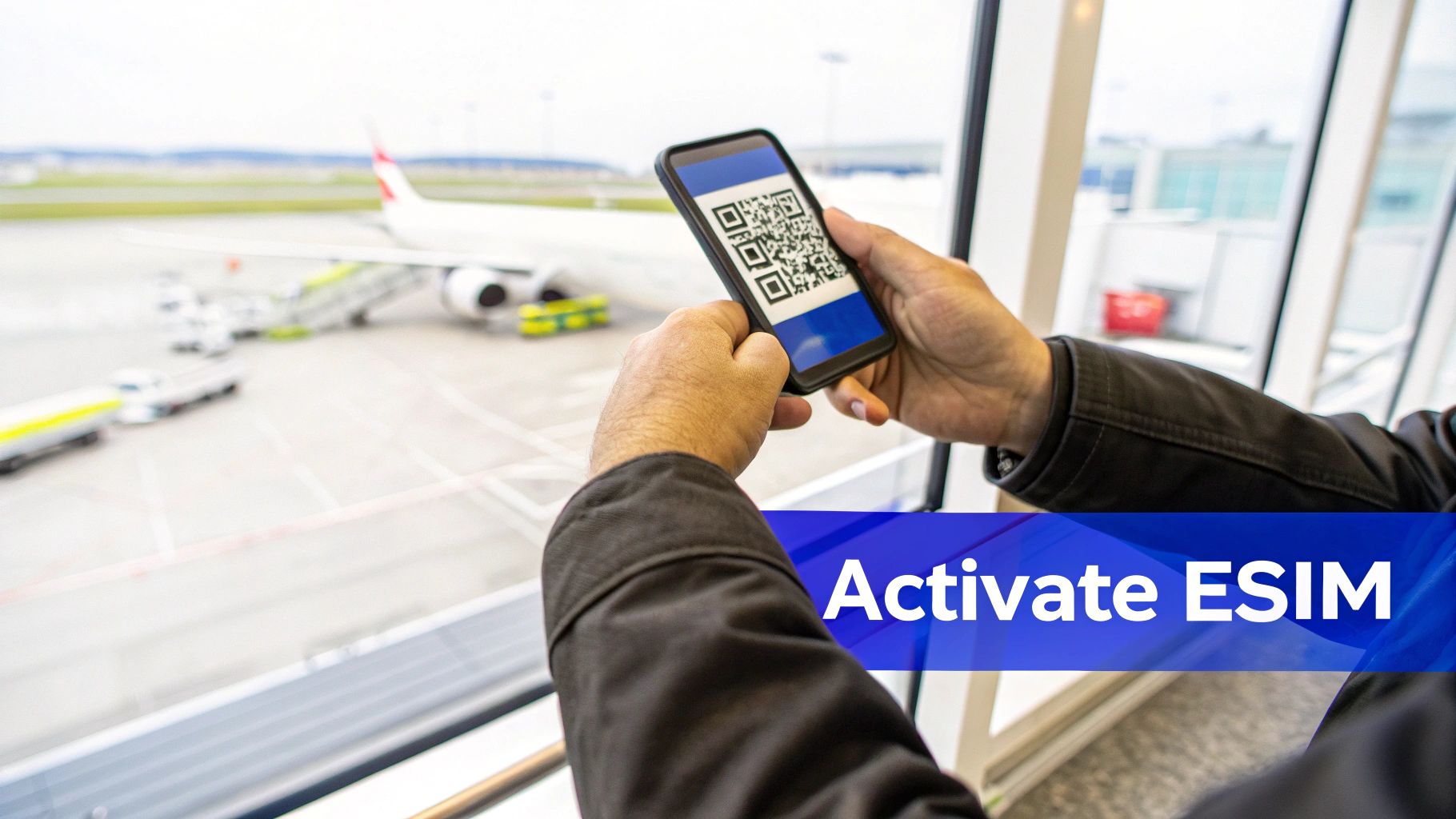 A person holds a smartphone displaying an eSIM QR code, ready to activate it at an airport.