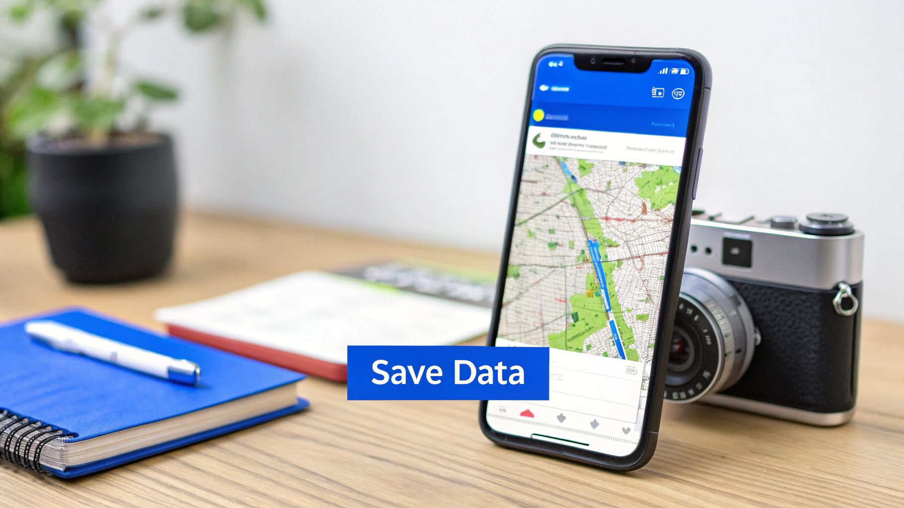 A smartphone displays a map app on a wooden desk with a camera, notebook, and a 'Save Data' banner.