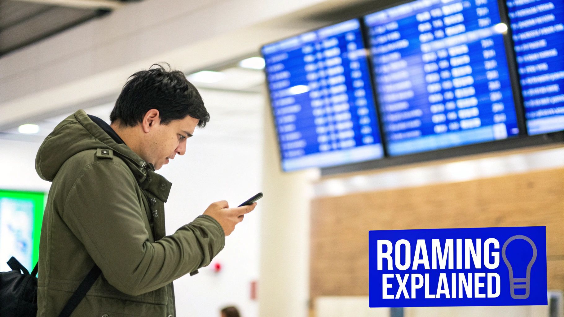 A person using their smartphone while sitting on luggage in an airport terminal, looking thoughtful.