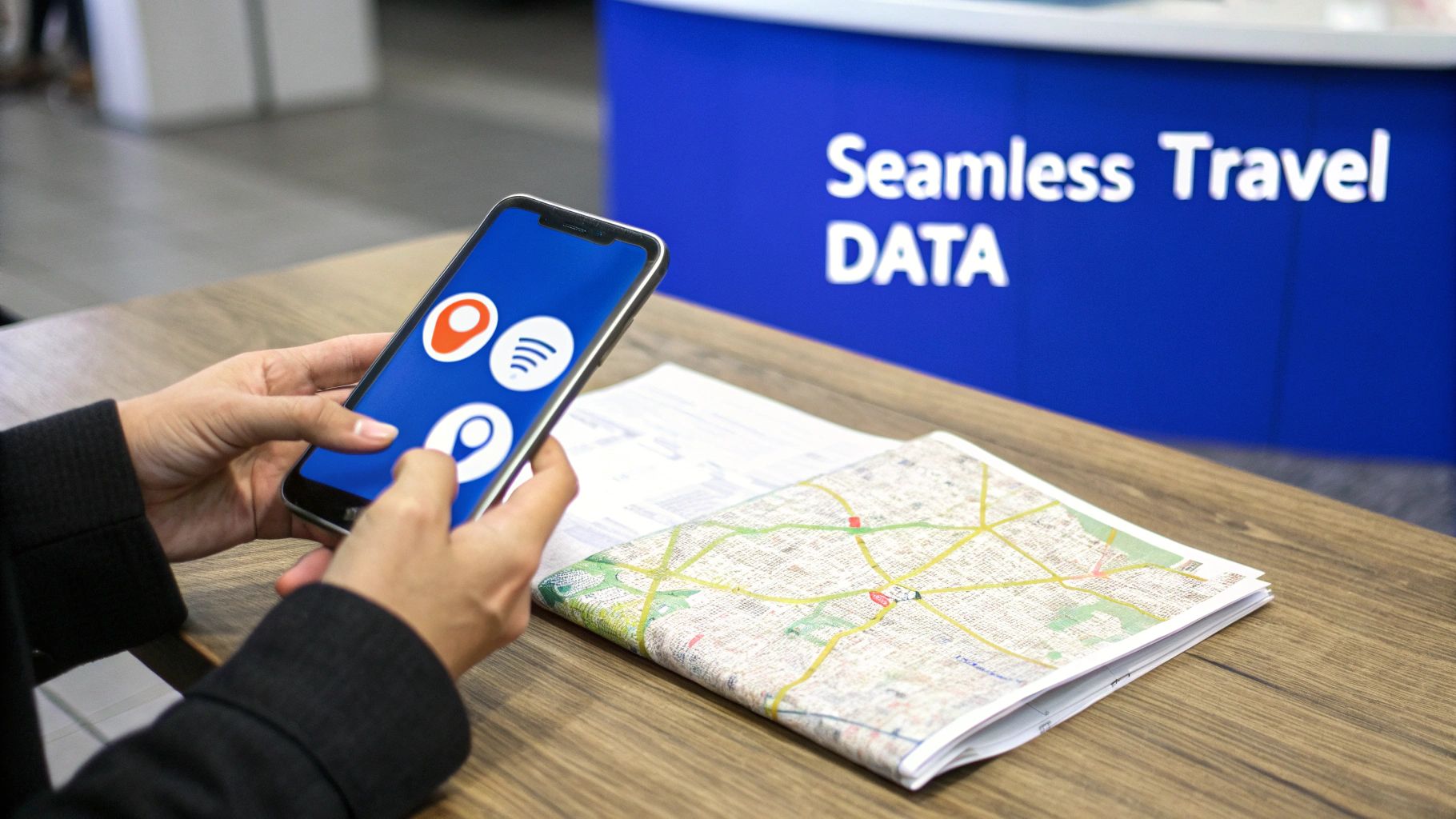 A traveler looking at their phone with a city view in the background, representing connectivity while traveling.