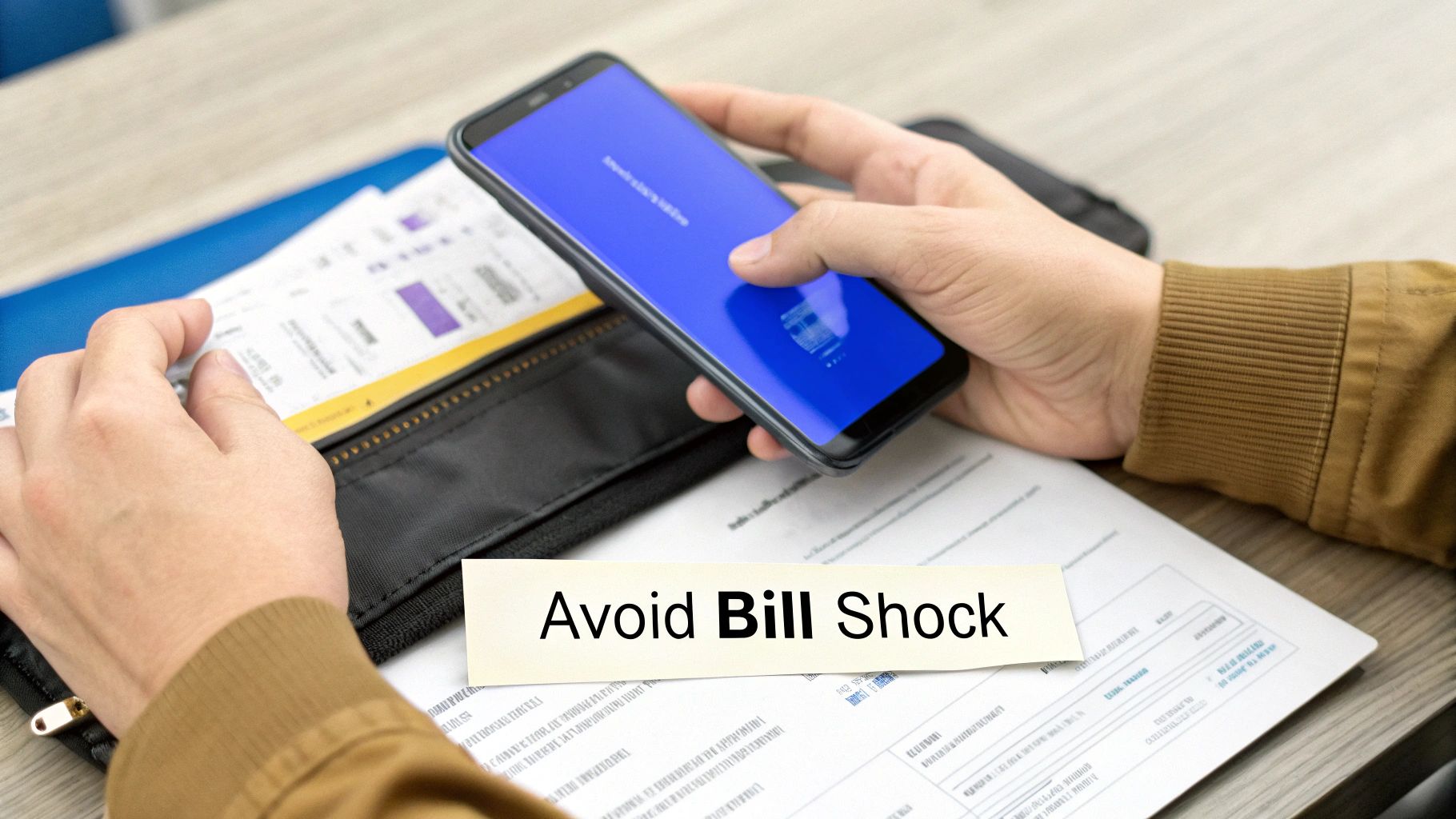 A person looking at their smartphone with a concerned expression, with travel icons in the background.