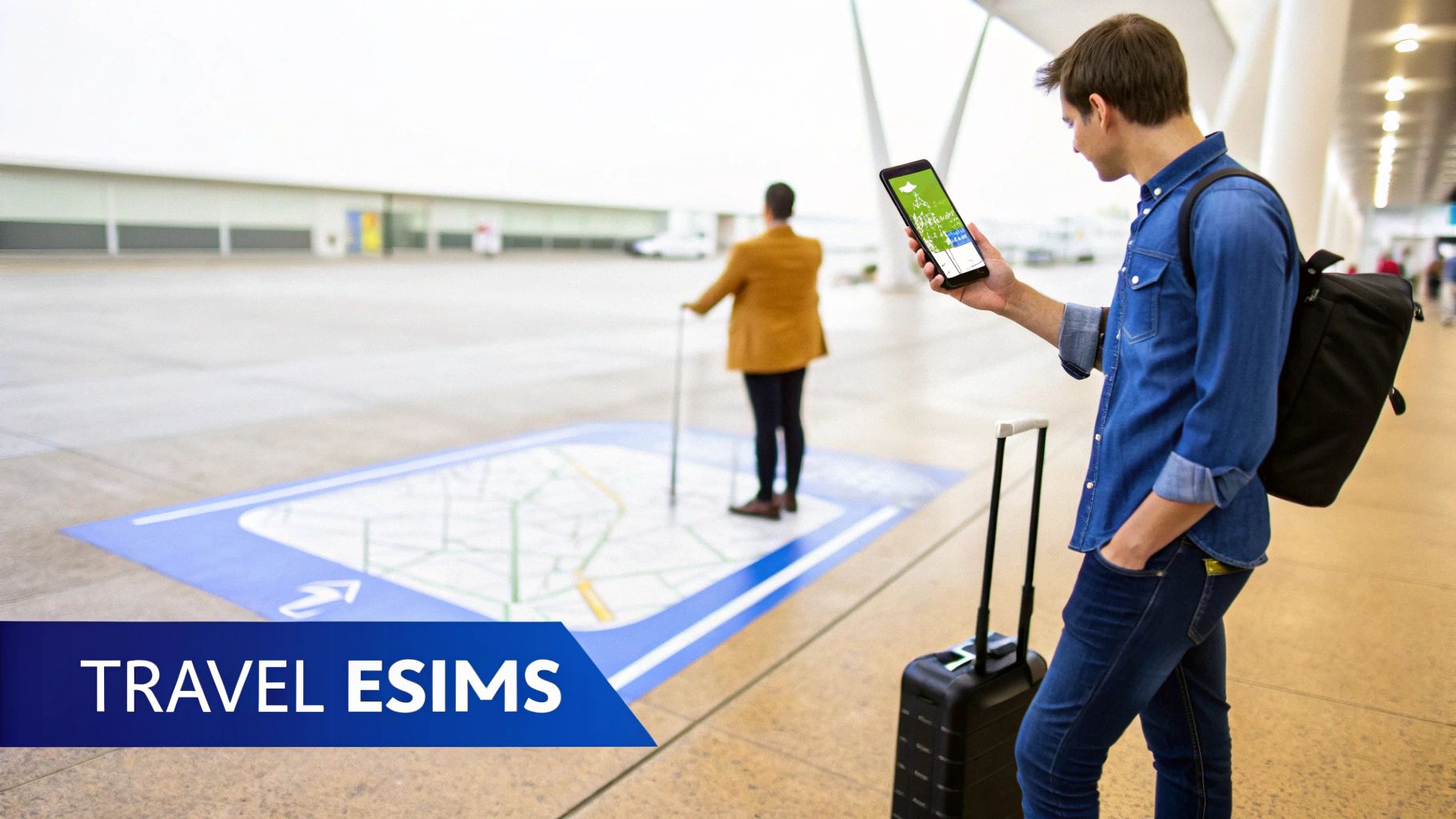 Person activating an eSIM on their smartphone with a scenic travel background