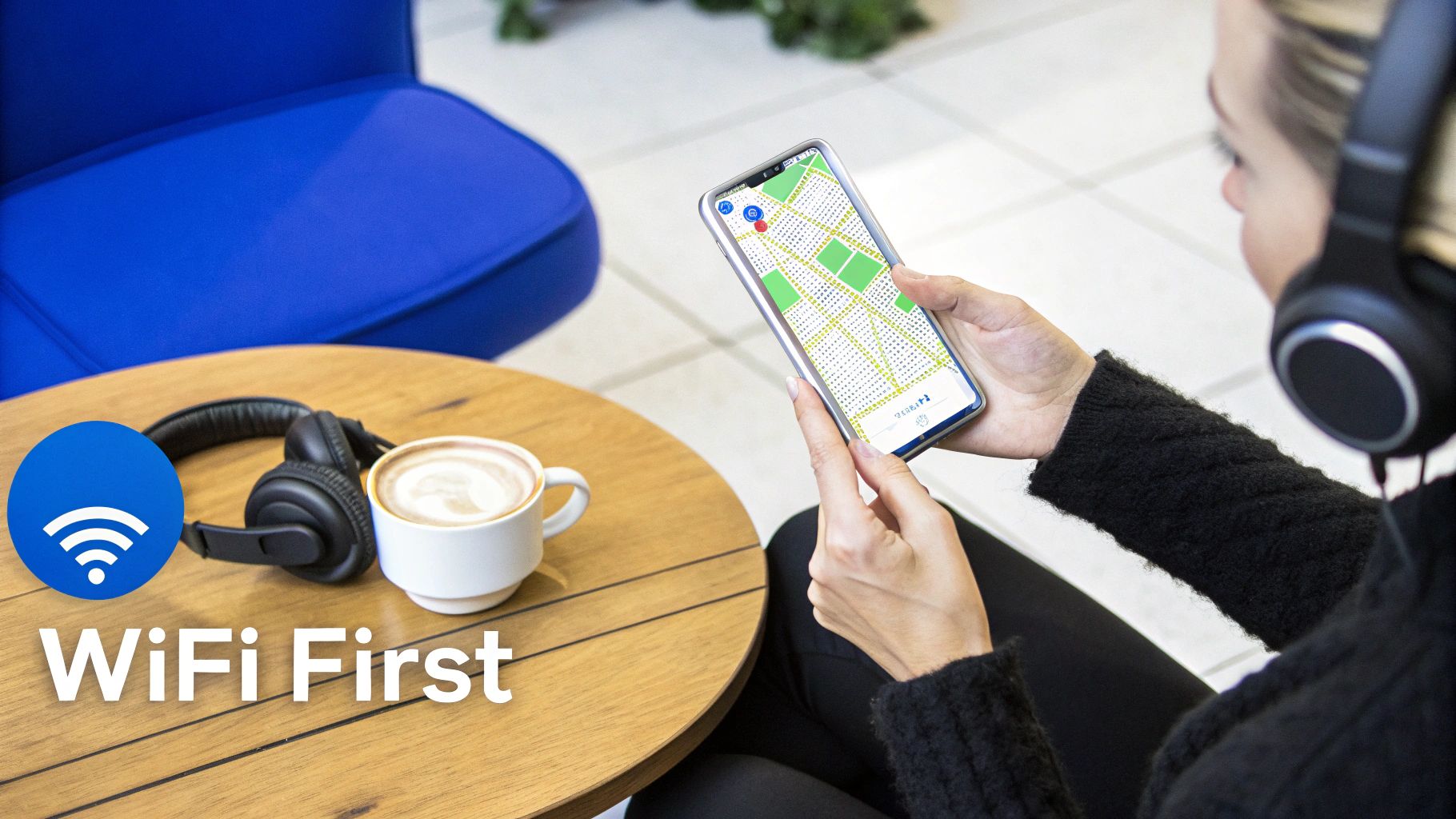 A person using Wi-Fi on their phone in a modern cafe.