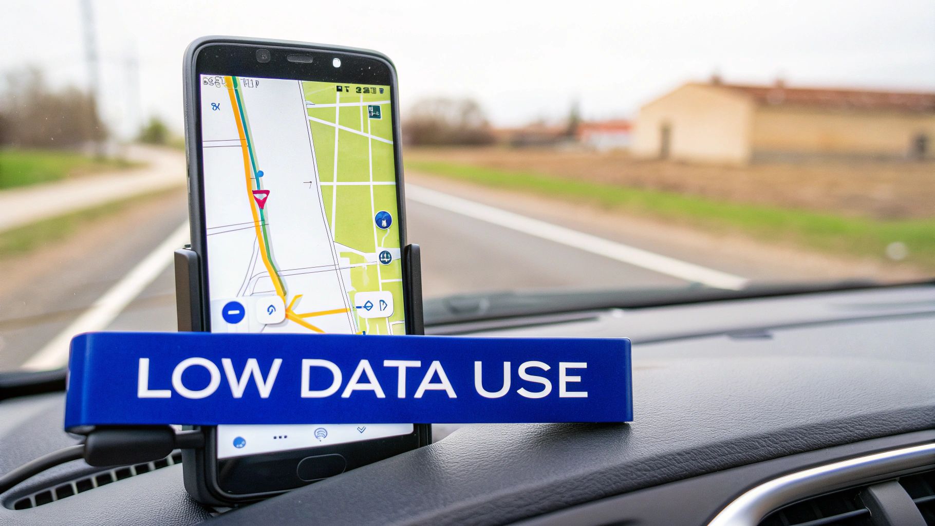 Smartphone mounted on car dashboard displaying navigation app with low data use banner overlay