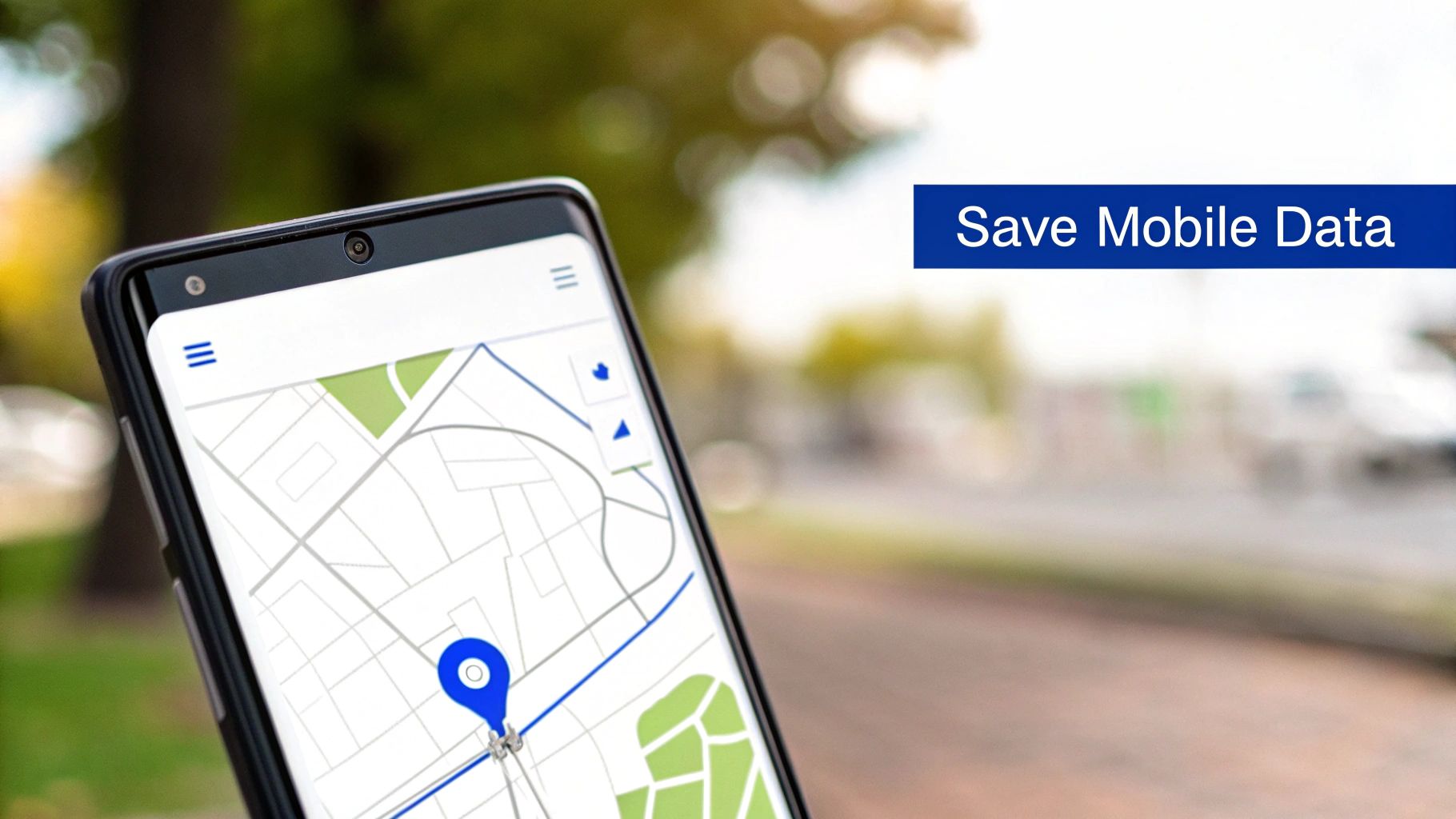 Smartphone displaying GPS navigation map with blue location pin and save mobile data text overlay
