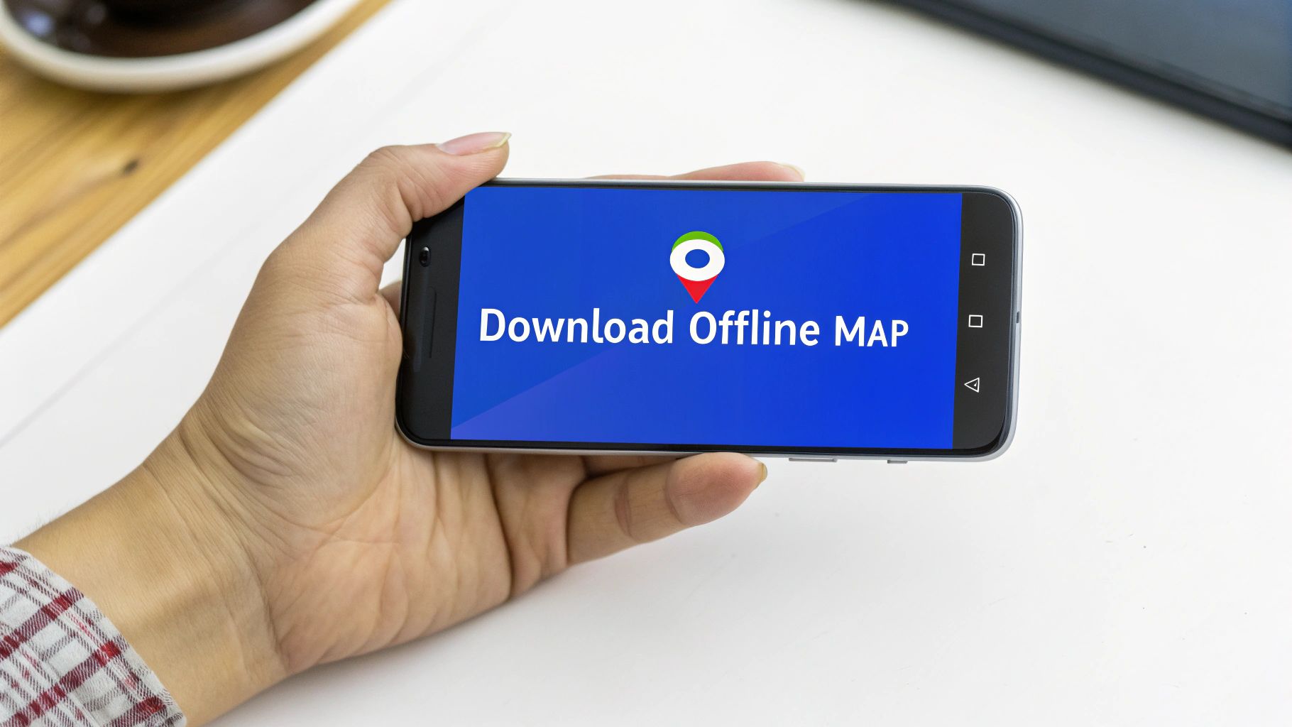 Hand holding smartphone displaying download offline map feature on blue screen for navigation