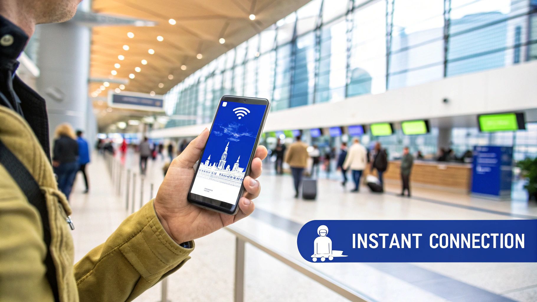 A traveler using their phone with a European city in a background