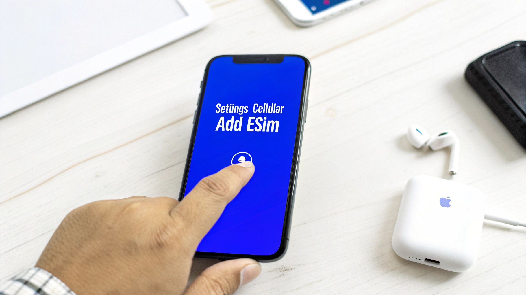 A person holding an iPhone displaying the 'Add eSIM' screen in the settings menu.