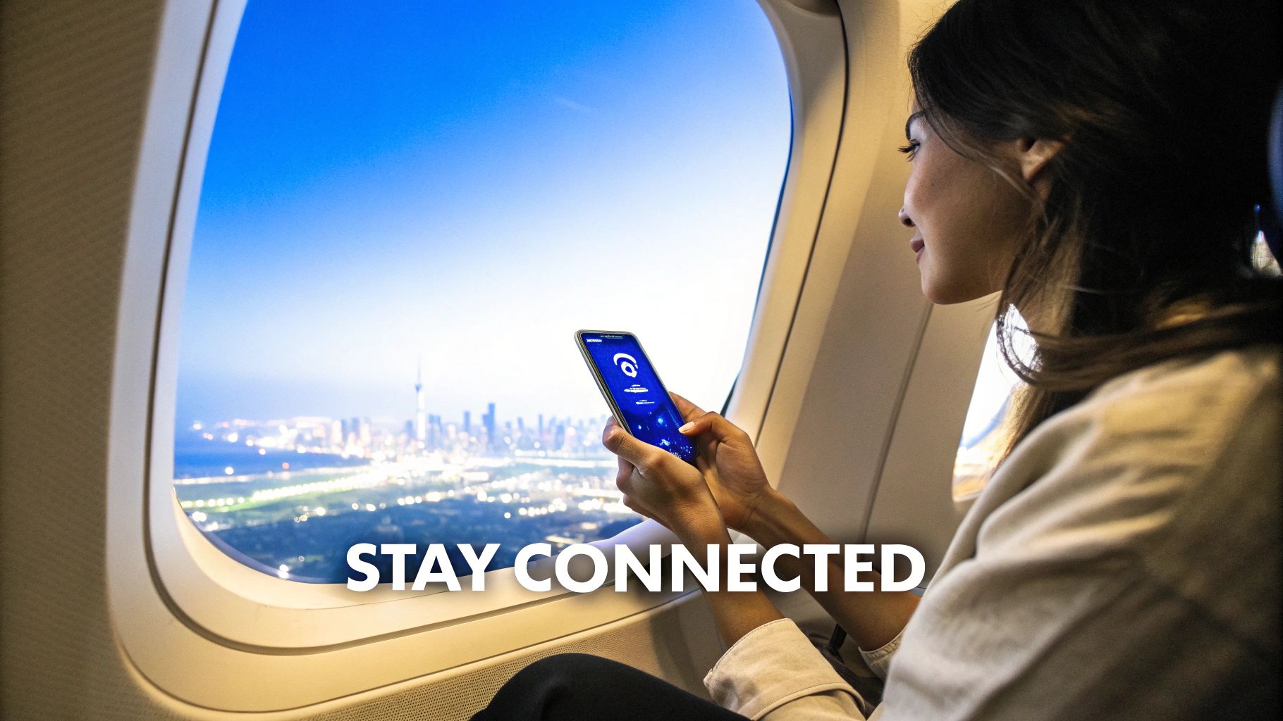 A person on an airplane views a city at night from the window, holding a phone with 'Stay Connected'.