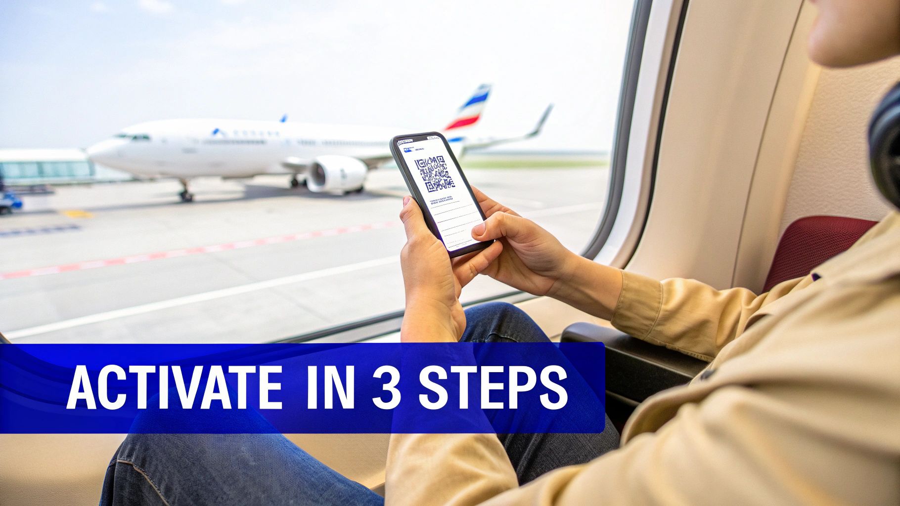 Traveler holding smartphone with QR code for eSIM activation at airport terminal window