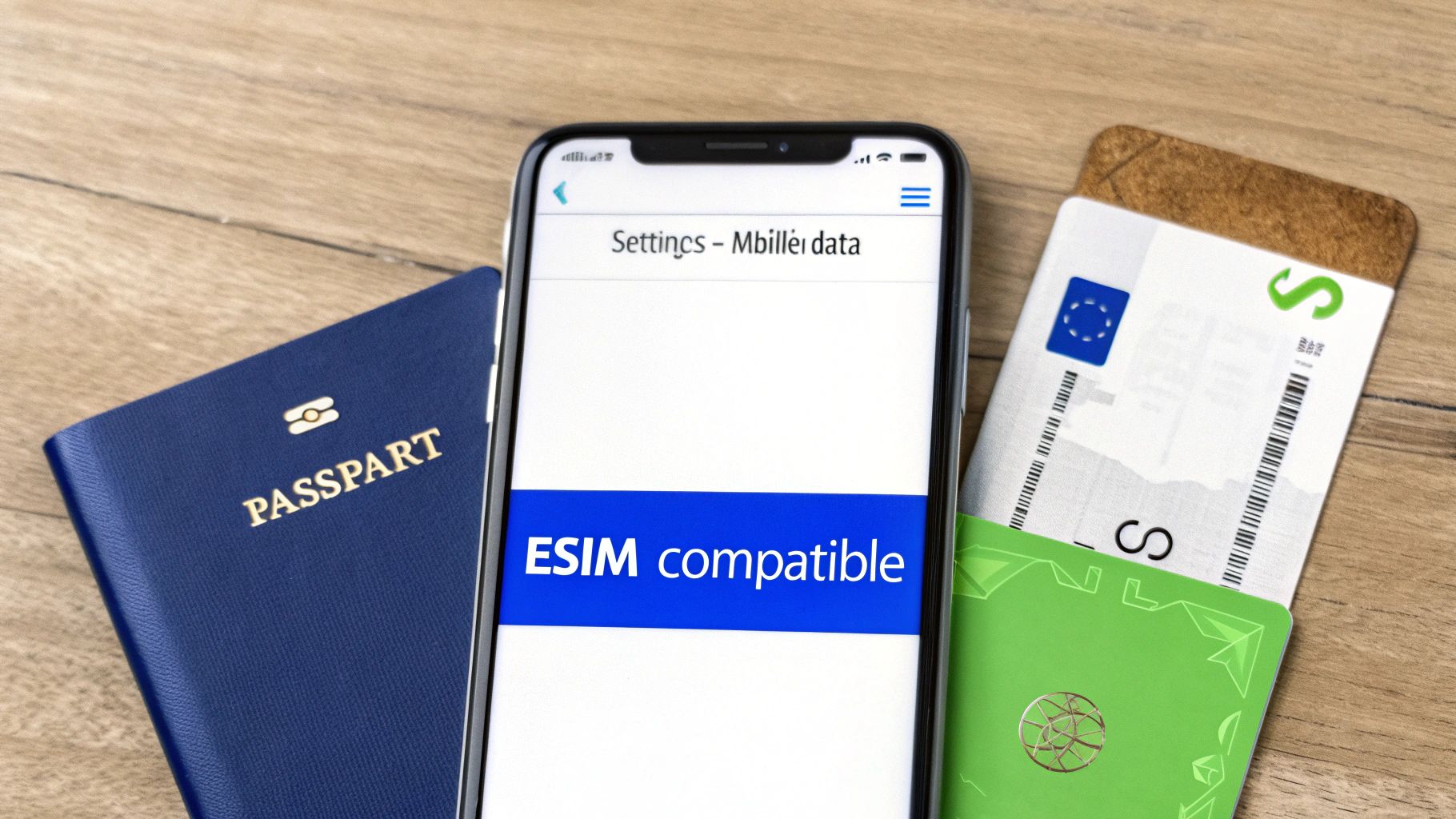 Smartphone displaying eSIM compatible settings with passport and SIM cards on wooden desk