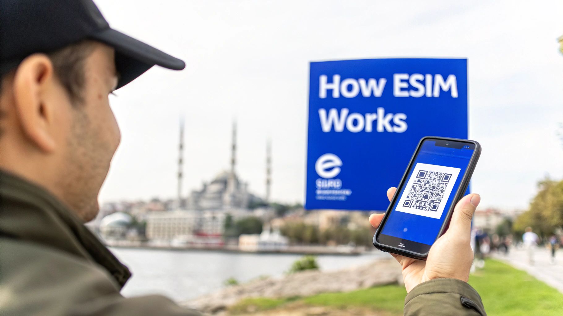 Tourist holding smartphone displaying QR code for eSIM activation with informational sign in Turkey