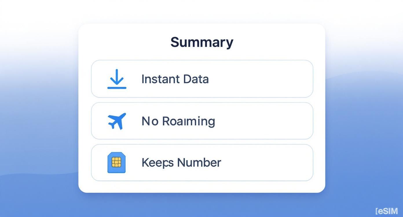 eSIM summary card showing instant data activation, no roaming charges, and keeps your phone number features