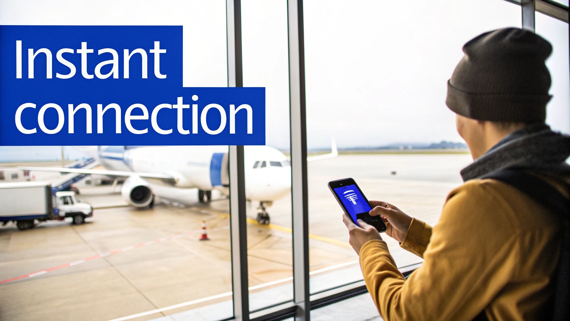 Traveler at airport using smartphone, looking at airplane, with 'Instant connection' text overlay.