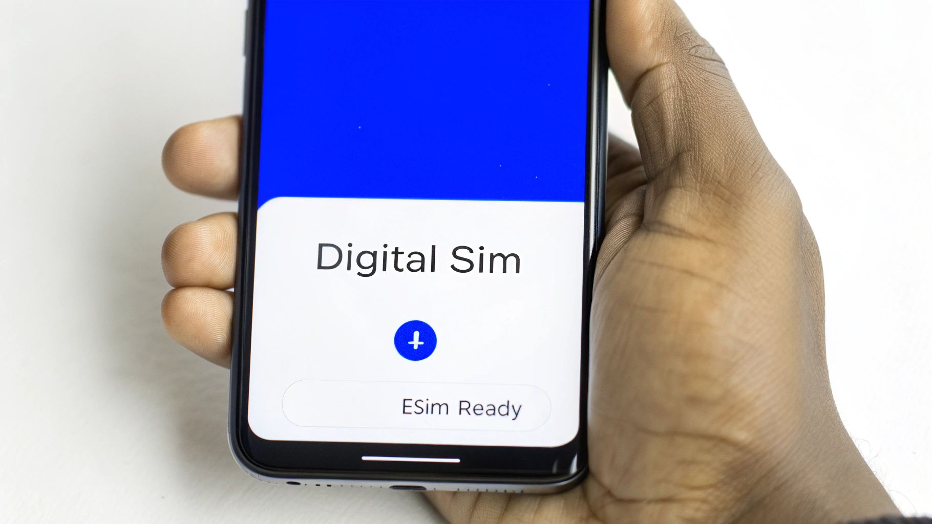 A person holds a smartphone displaying a 'Digital Sim' and 'ESim Ready' screen, indicating eSIM activation.
