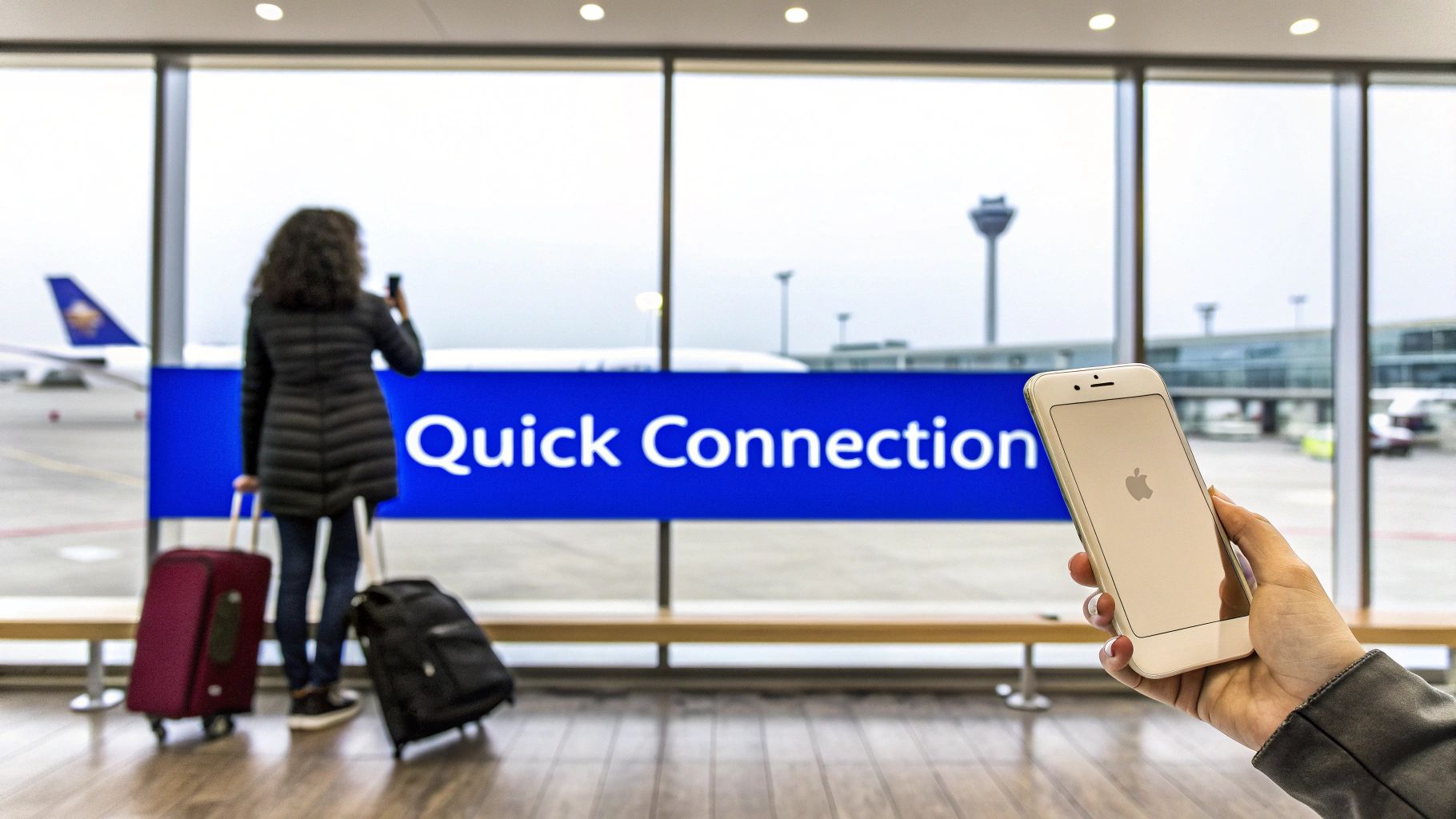 Traveler with luggage and an iPhone at an airport looking at a 'Quick Connection' sign.