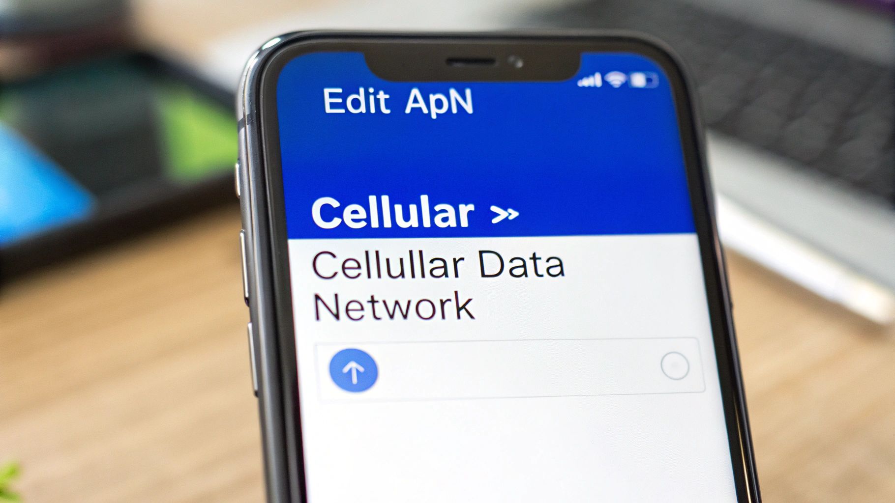 Close-up of an iPhone screen displaying 'Edit ApN' and 'Cellular Data Network' settings.