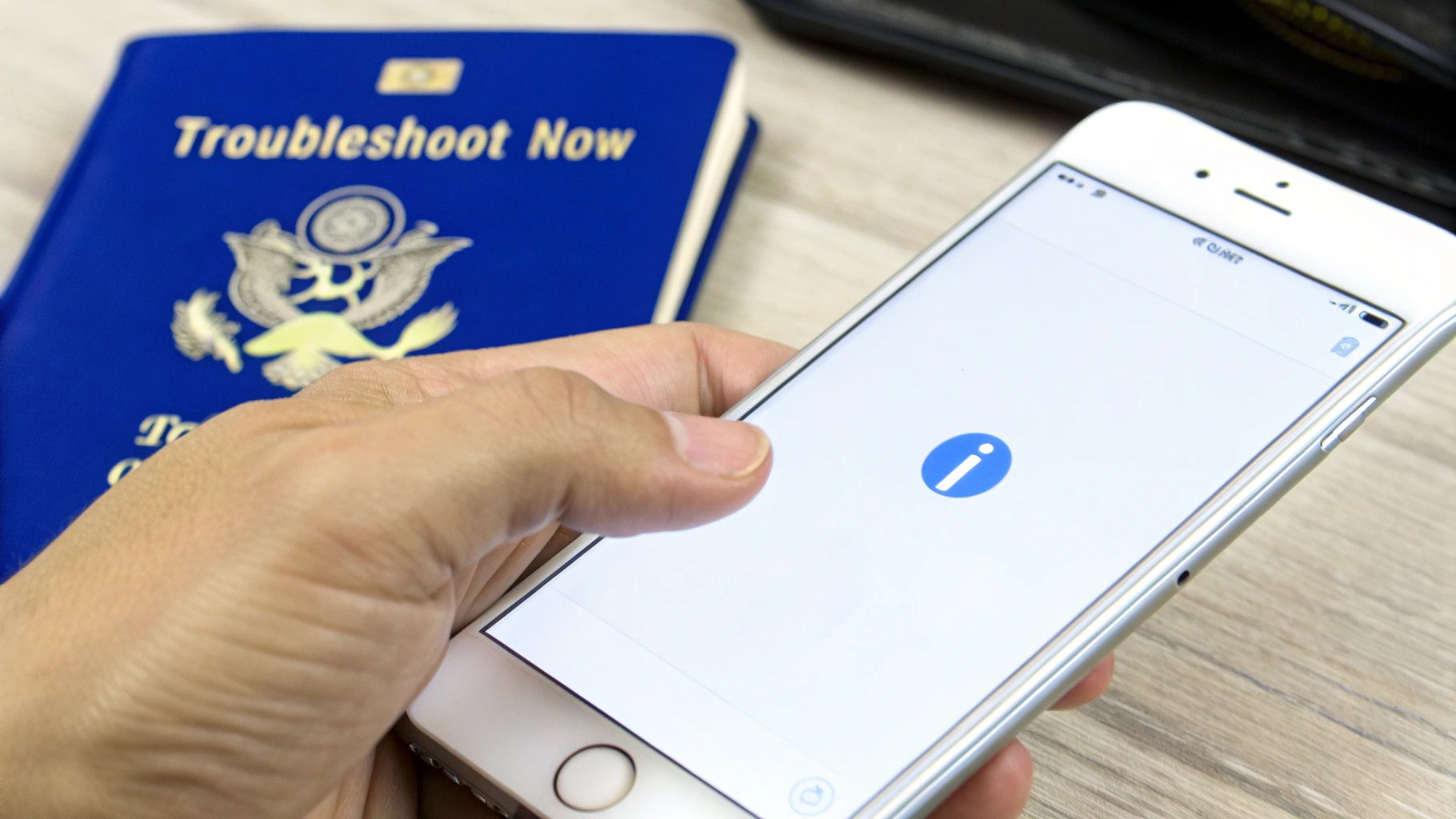 A hand holding a white iPhone displaying a blue information icon, with a 'Troubleshoot Now' book in the background.