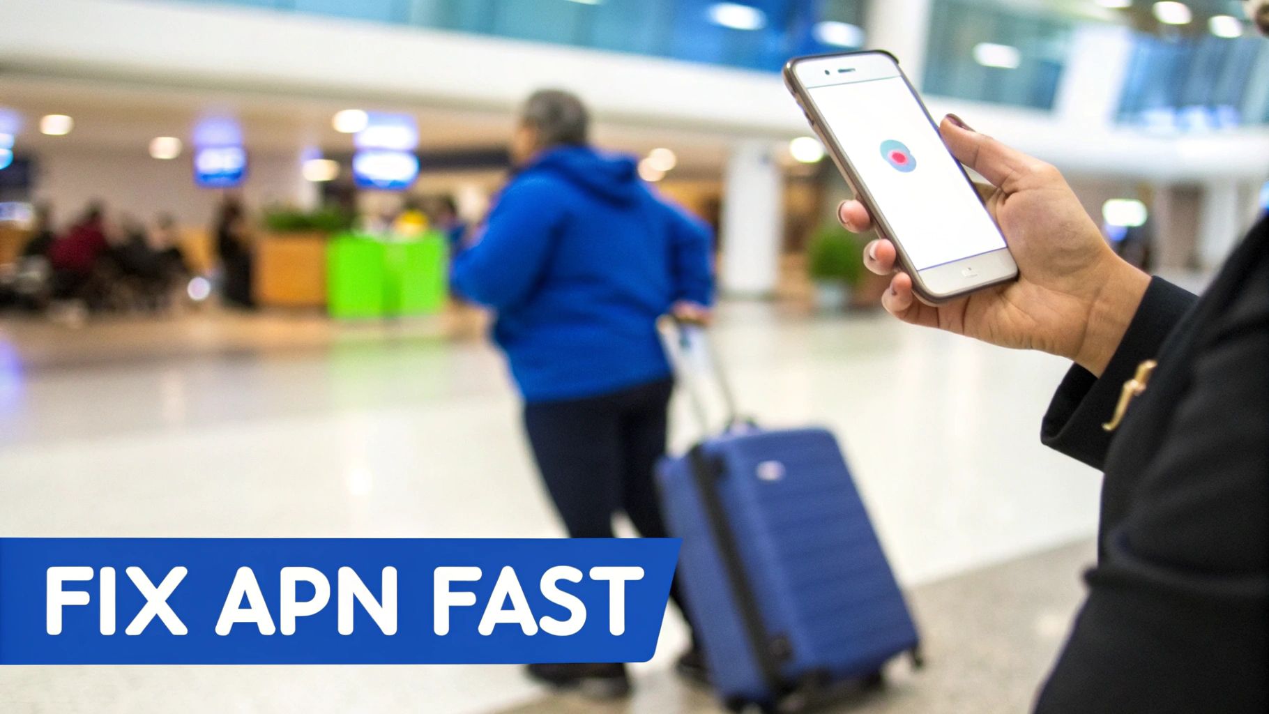 A person's hand holds a smartphone displaying an app in a bustling airport environment.
