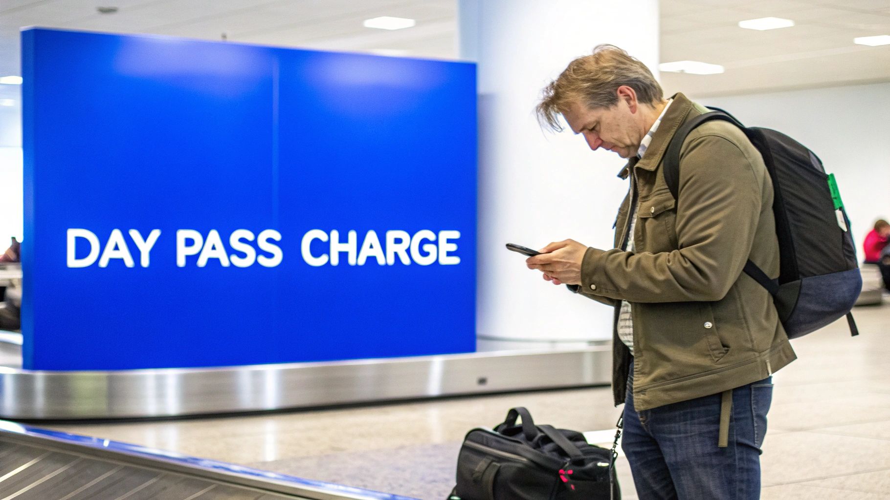 A man at an airport, wearing a jacket and backpack, looks at his phone next to a 'DAY PASS CHARGE' sign.