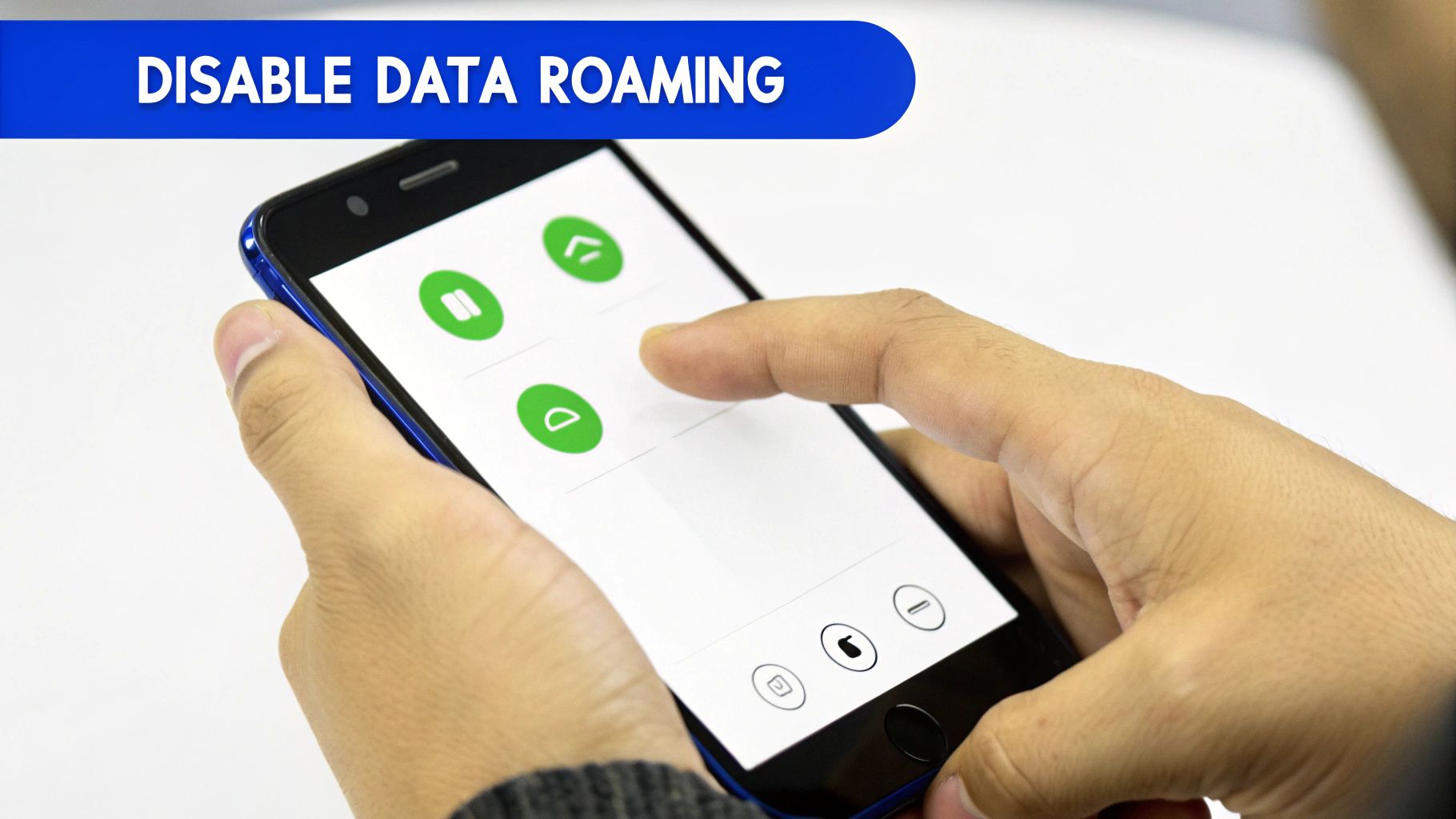 A person uses a smartphone with a finger touching the screen to disable data roaming.