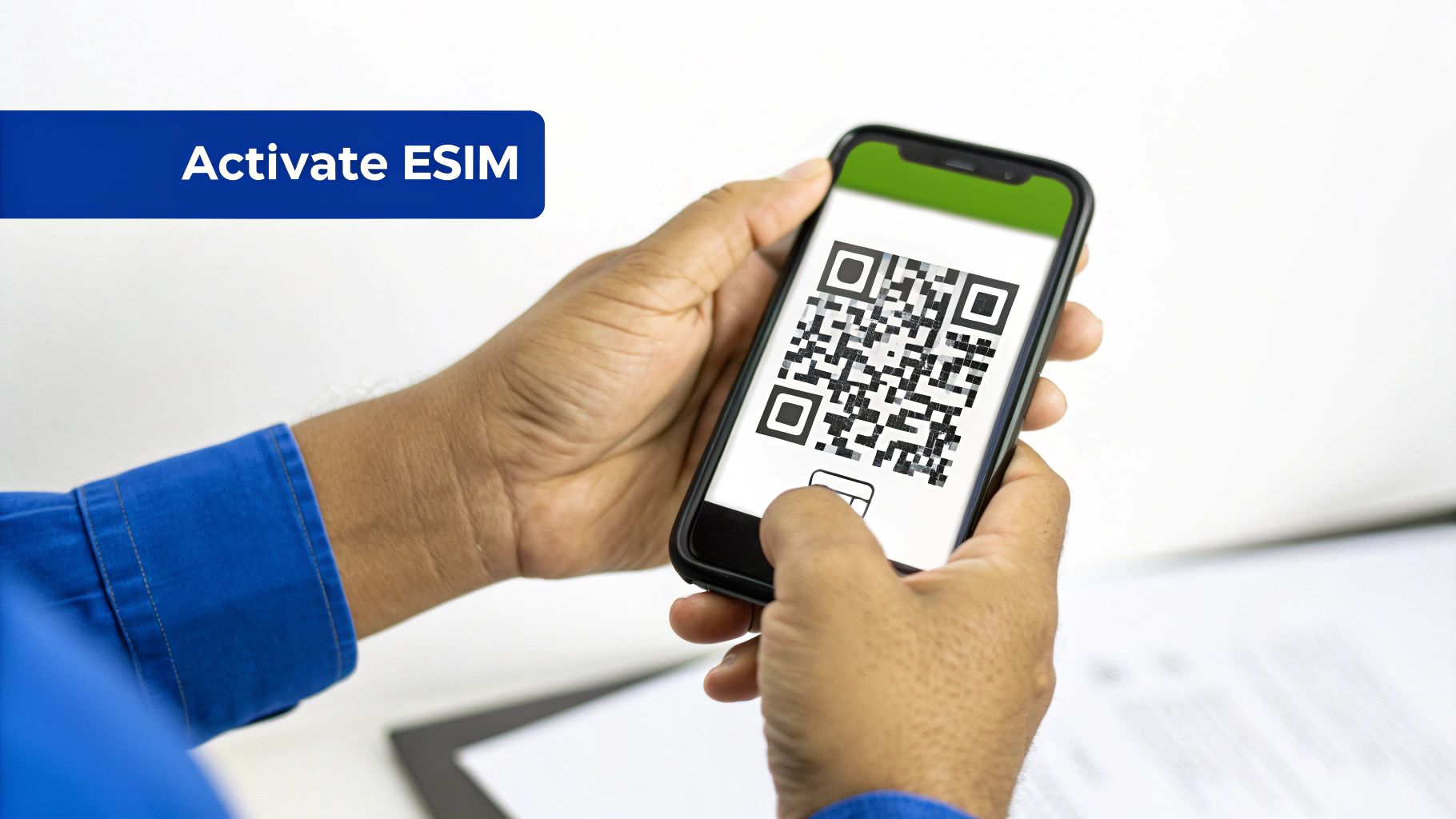 A person holds a smartphone displaying a QR code for eSIM activation, next to an 'Activate ESIM' banner.