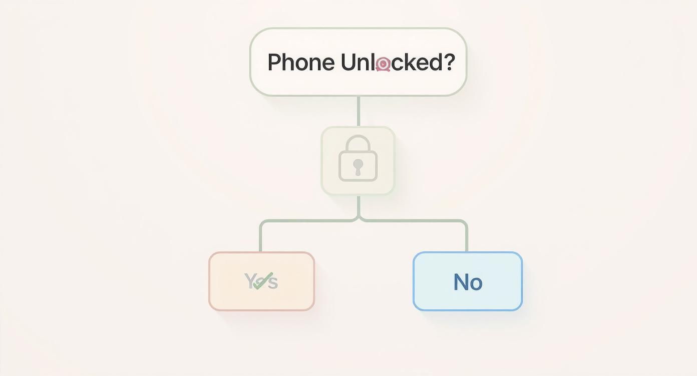 A decision flowchart illustrating the question 'Phone Unlocked?' with 'Yes' and 'No' responses.