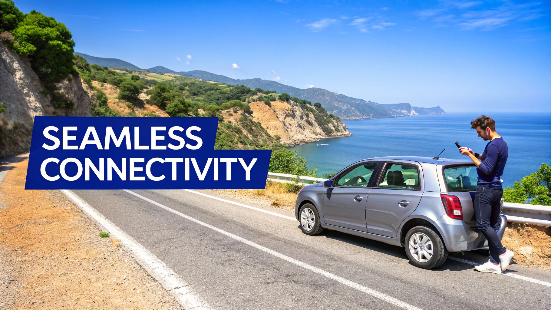 A man leans on a car on a scenic coastal road, looking at his phone, with 'SEAMLESS CONNECTIVITY' text.