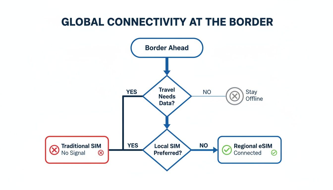 Flowchart explaining global connectivity choices at border crossings, comparing traditional SIMs, staying offline, and regional eSIMs.