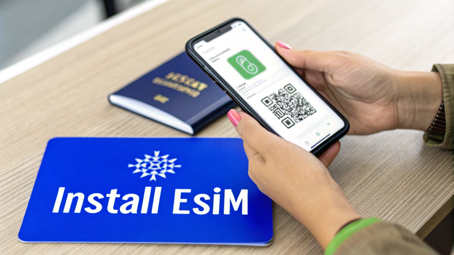 A person scans a QR code on a smartphone to install an eSIM, with a passport nearby.