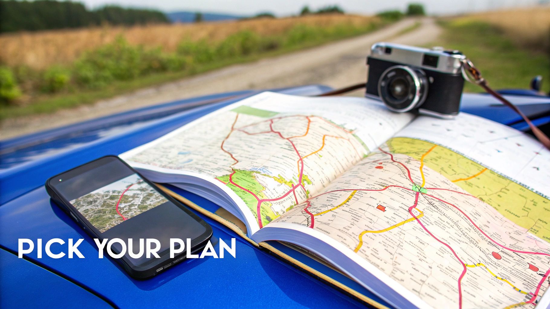 An open road map, smartphone, and vintage camera on a blue car hood, ready for a road trip.