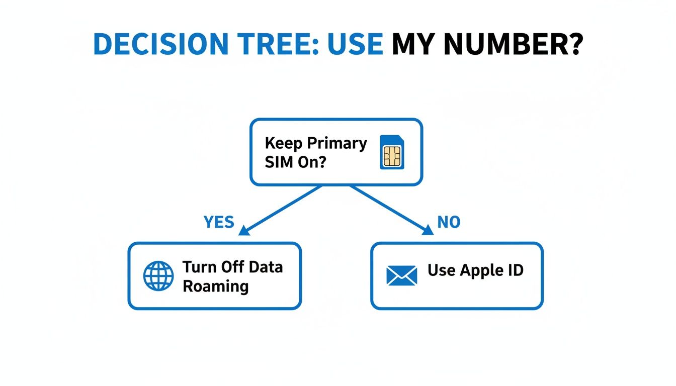 A decision tree illustrating choices for using your number, specifically for keeping primary SIM on or using Apple ID.