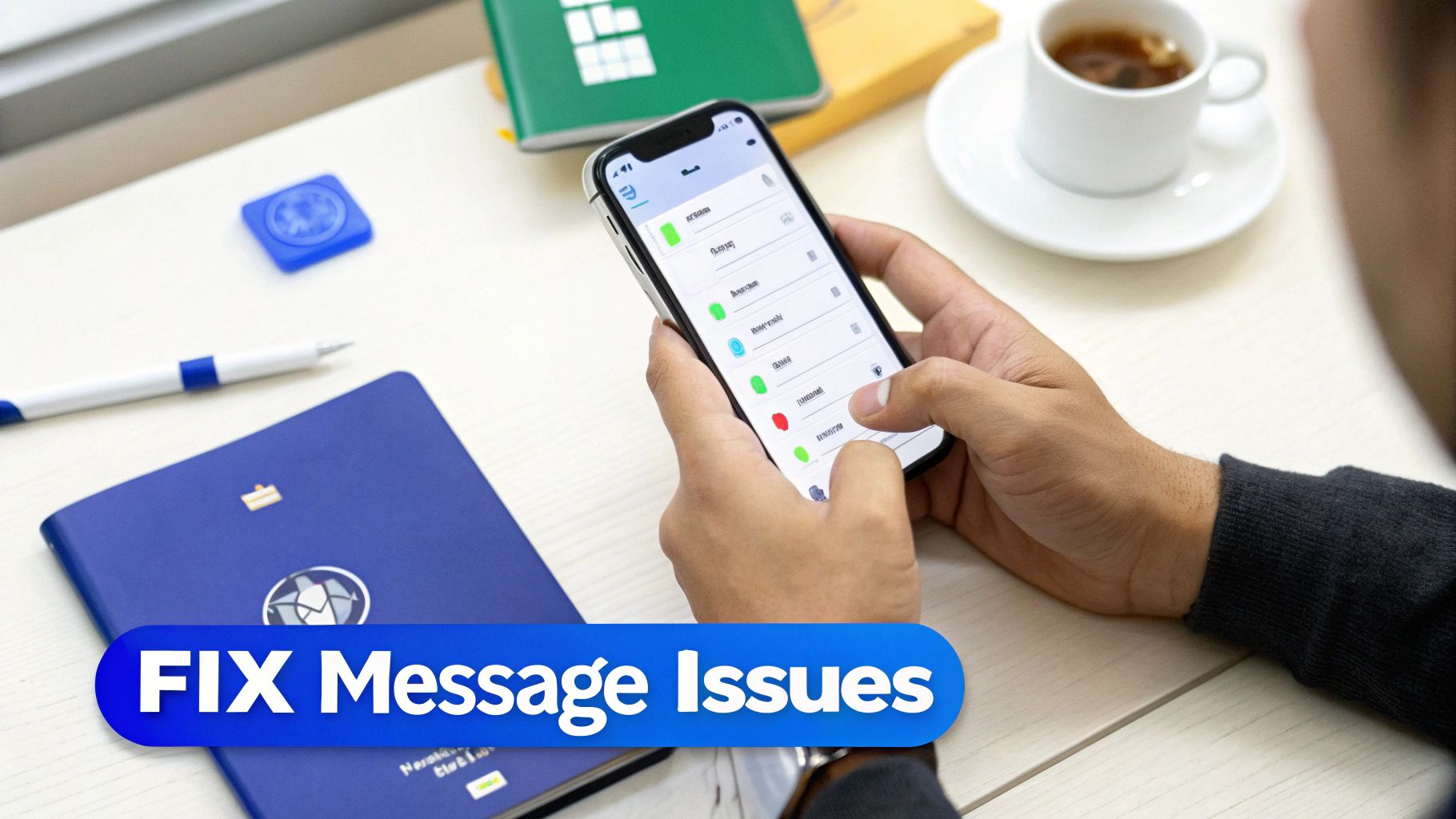 A person's hands holding a smartphone, interacting with an app, above a blue 'FIX Message Issues' banner.