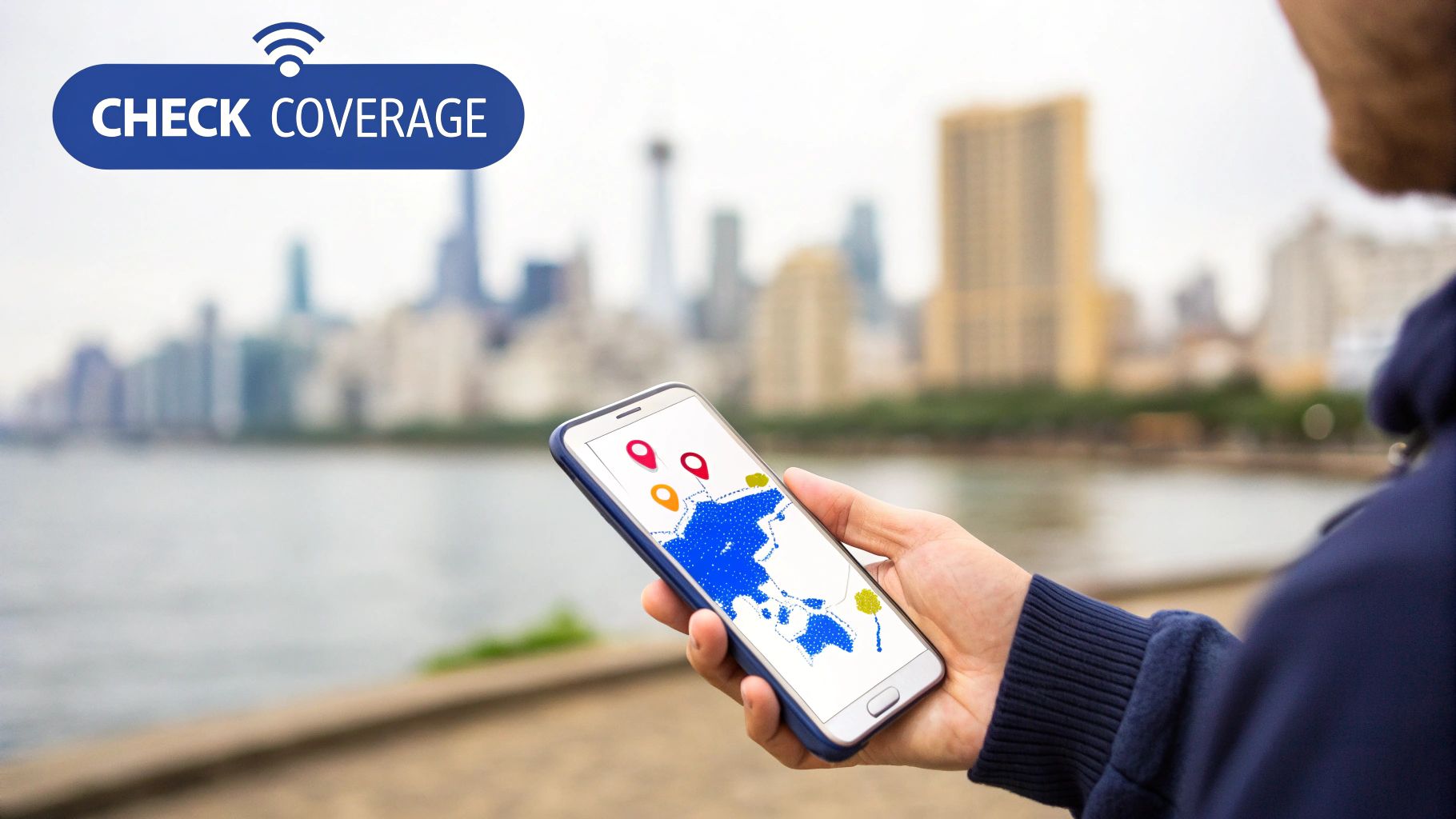 Hand holding a smartphone displaying a map with network coverage. A banner reads 'CHECK COVERAGE'.