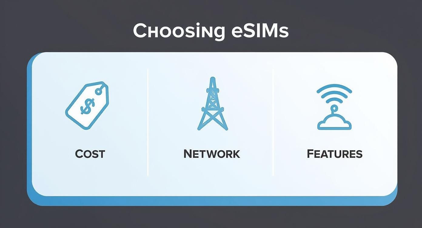 Visual guide outlining three key factors for choosing eSIMs: Cost, Network, and Features.