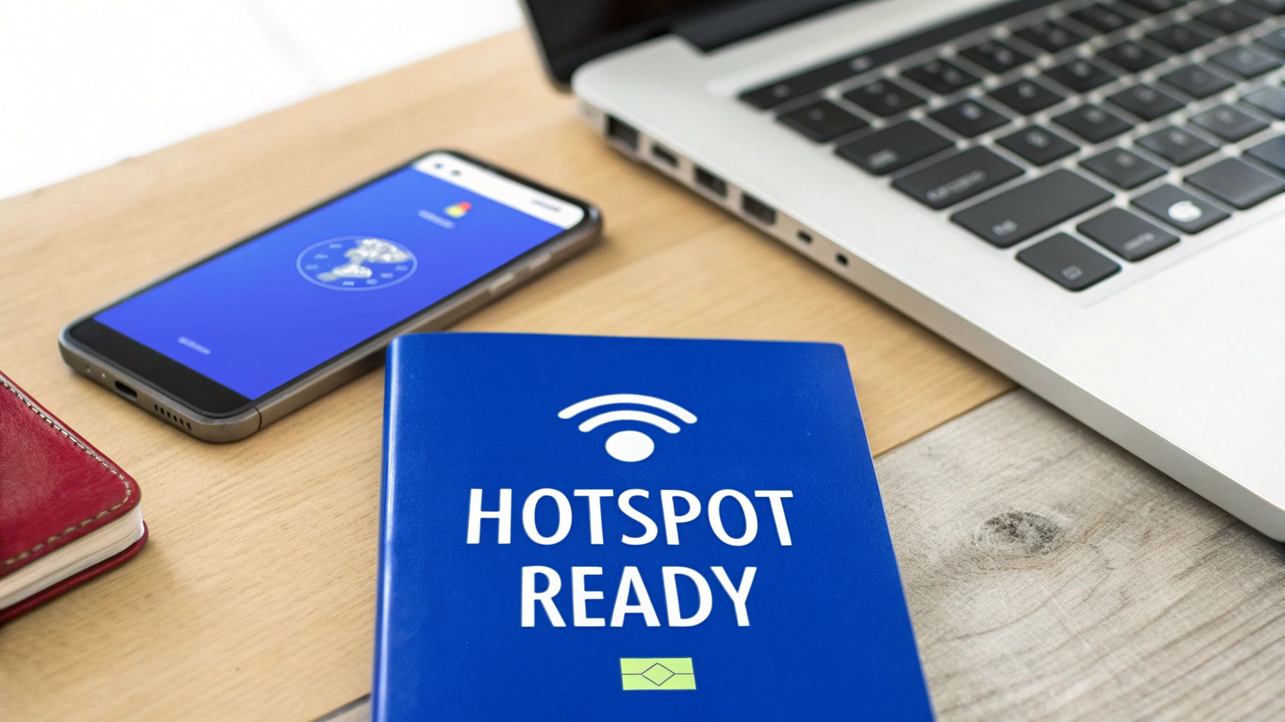 A blue book saying 'Hotspot Ready' next to a smartphone and laptop on a wooden desk, symbolizing portable internet.