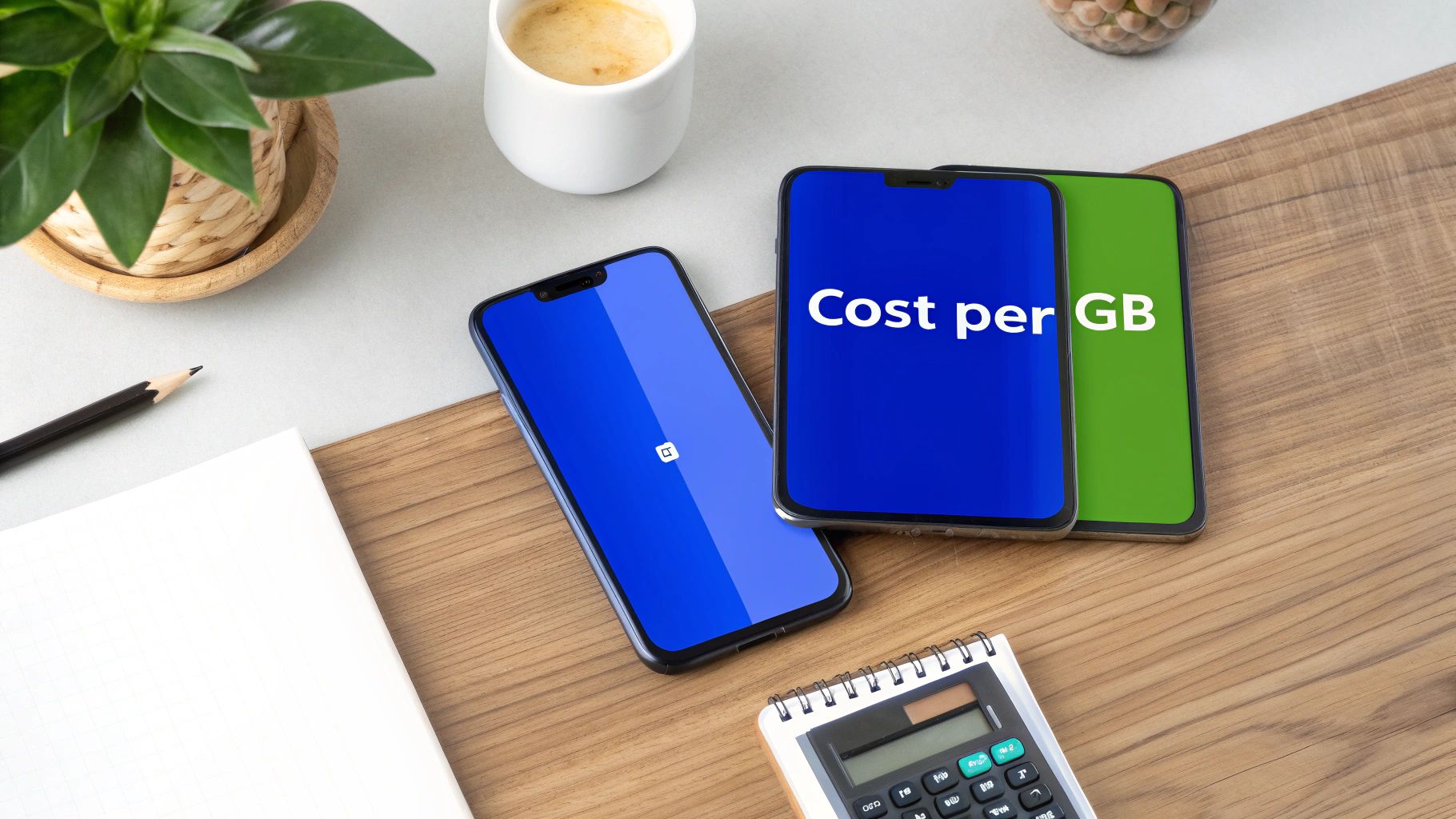 Two smartphones on a desk, one showing 'Cost per GB', near a calculator and plant.