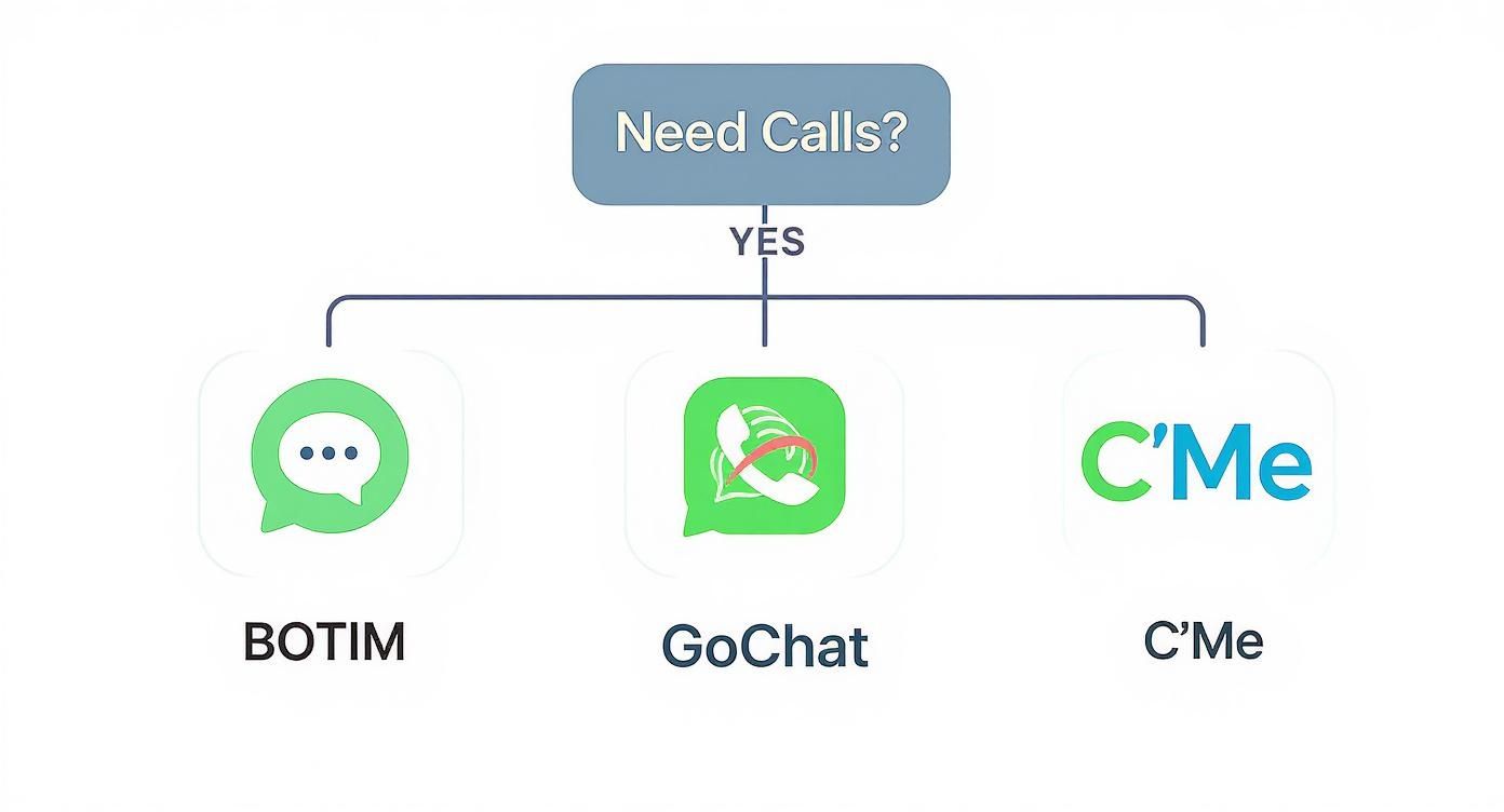 Flowchart illustrating call options: BOTIM, GoChat, and C'Me, for users who need to make calls.