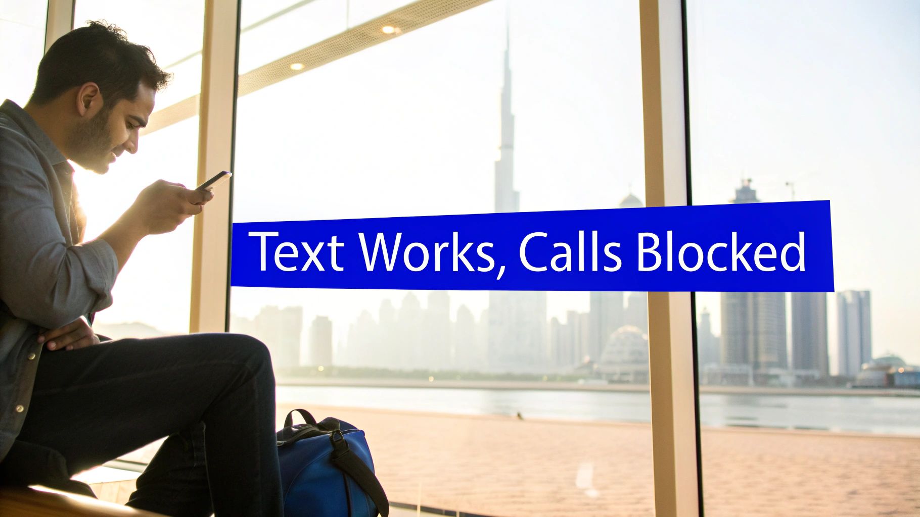 A man on his phone by a window overlooking the Dubai skyline, with a banner stating 'Text Works, Calls Blocked'.